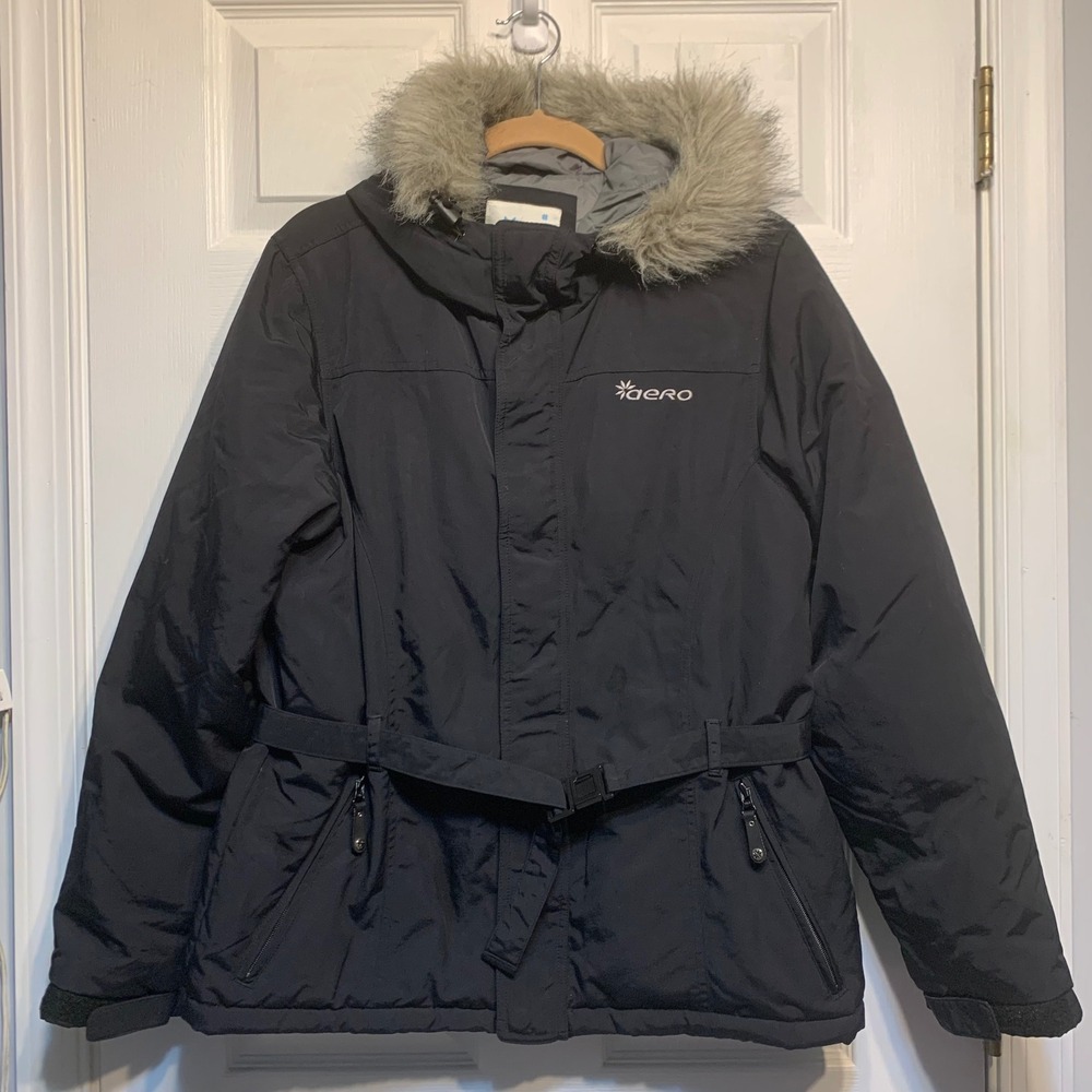 Aeropostale Parka Jacket Size L Black Down Faux Fur Hood Belted Winter Coat